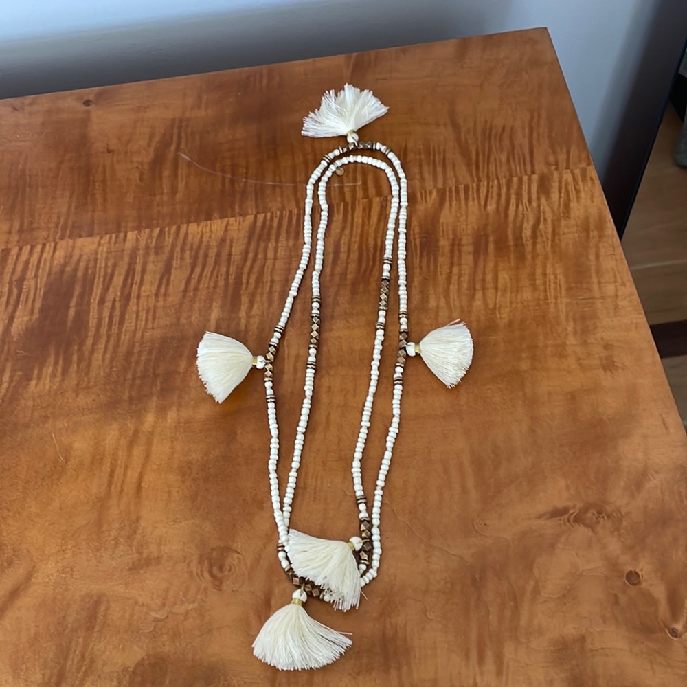 Tassel Necklace five cream colored tassels with ivory, colored and brass beads